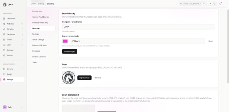 The branding settings for an account: company name, primary accent color, logo upload and login background
