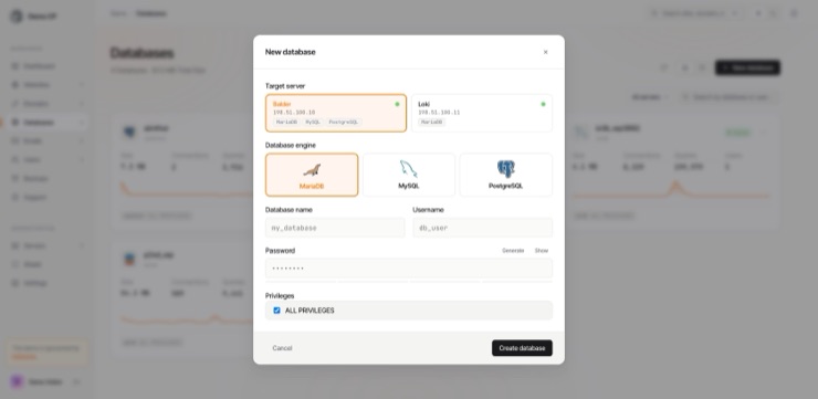 The New database dialog: picking the host and the engine, then the database name, its user, a generated password and its privileges