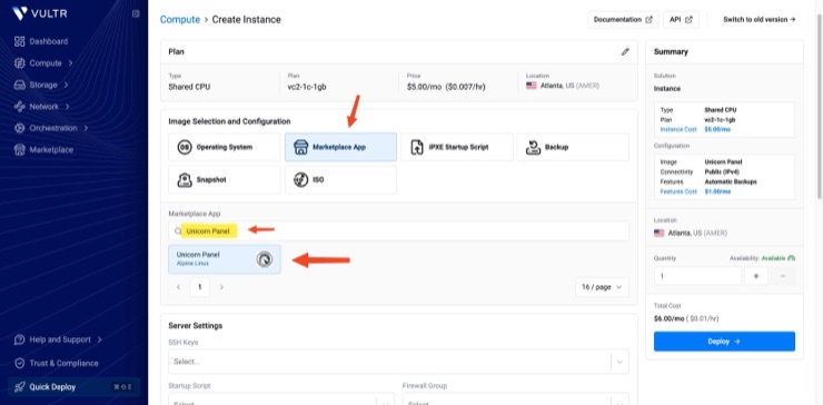 Creating a Vultr instance: the Marketplace App tile selected under Image Selection and Configuration, with Unicorn Panel searched for and picked