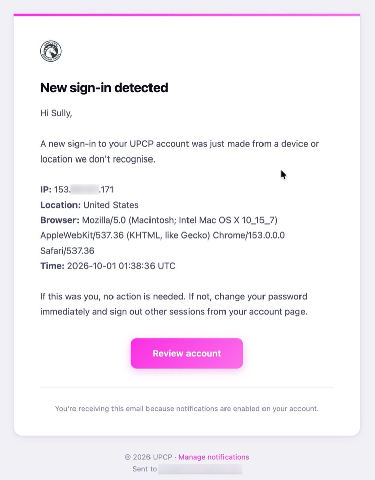 A transactional email sent from a branded account: the account’s logo, its accent color on the heading rule and the call-to-action button, and no mention of the upstream operator