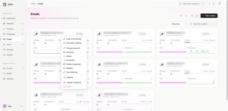 The Emails page: mailbox cards showing aliases, forwarders, quota and traffic, with the per-mailbox actions menu open