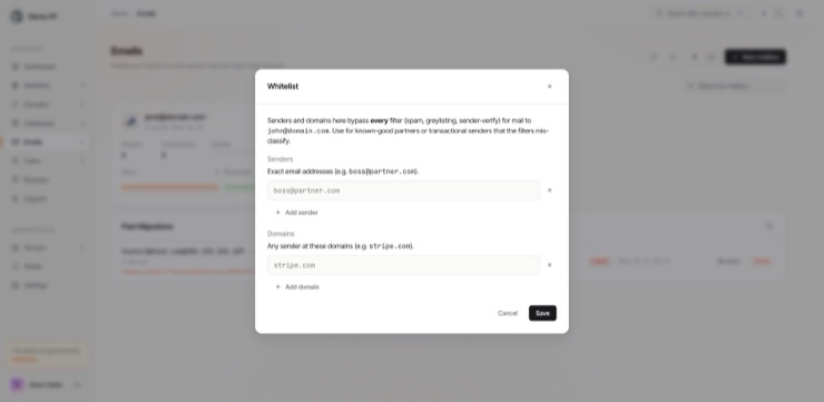 The Whitelist dialog for one mailbox: exact sender addresses and whole domains that bypass every filter, each added on its own row