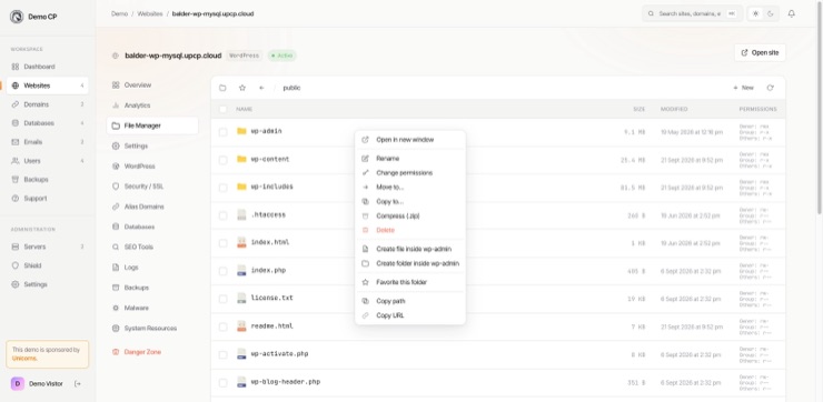The file manager inside a site’s container: files with their owner, group and other permissions, and the actions menu open on a folder offering rename, permissions, move, copy and compress