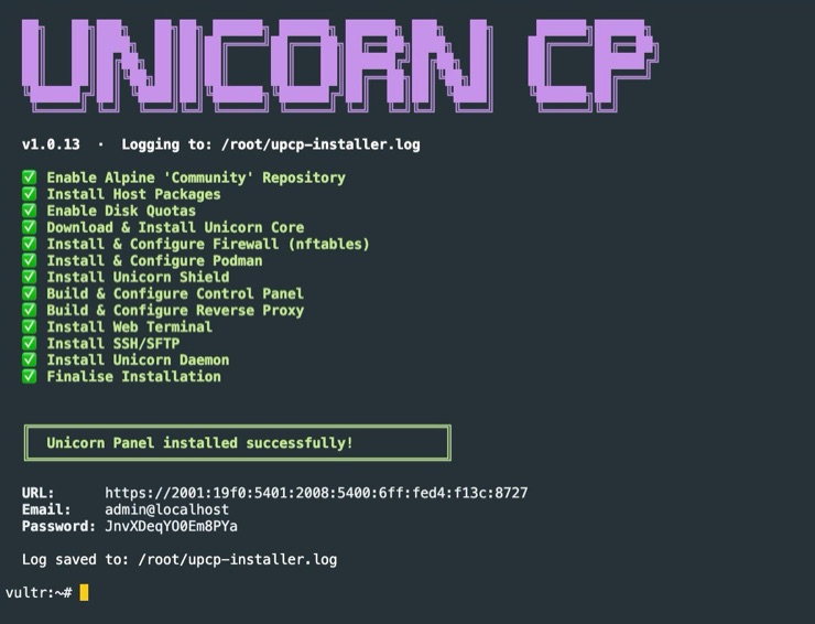 The end of a successful install: every step ticked off, then the panel URL, the admin email address and the generated password