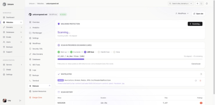 The Malware tab part way through a scan: the stage pipeline from warm up through the LMD and ClamAV passes, a live file count with elapsed and remaining time, the whitelist below it, and the scan history underneath