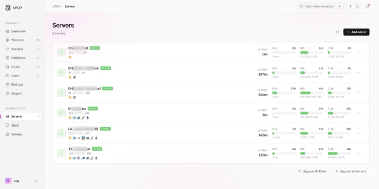 The Servers page: nine hosts in one list, each with its version, its IP and the row of roles it runs