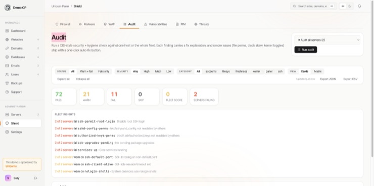 The Audit tab: pass, warn, fail and skip counts across the fleet, filters by status, severity and category, a card or matrix view, and fleet insights naming every server failing each check