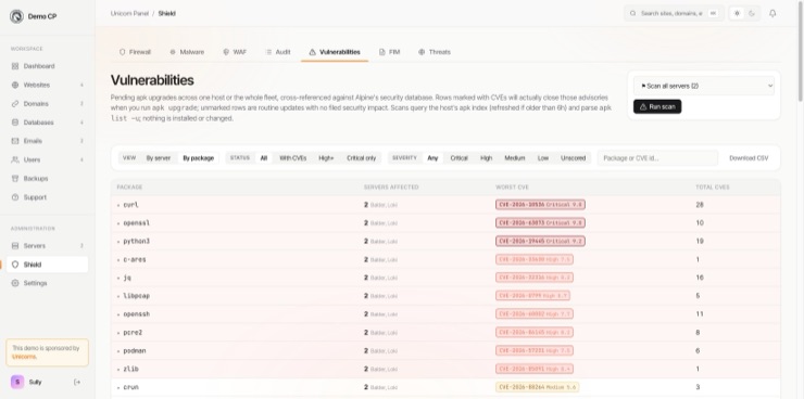 The Vulnerabilities tab in by-package view: each pending package with the servers affected, its worst CVE and severity score, and the total CVE count it closes