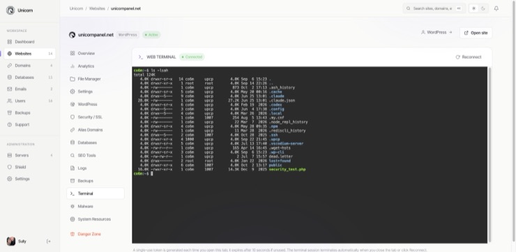 The web terminal open on a website: a shell session running inside that site’s own container, listing the files in its home directory