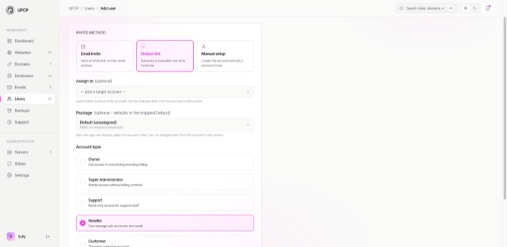 Adding a user: invite by email or one-time link, assign a package, and pick the role from owner, super administrator, support, reseller or customer