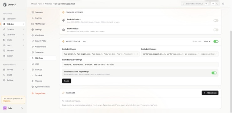 The SEO Tools tab: the crawler toggles for AI agents and bad bots, the Website Cache card with its excluded pages, cookies and query strings and the WordPress Cache Helper, and the redirects list below it