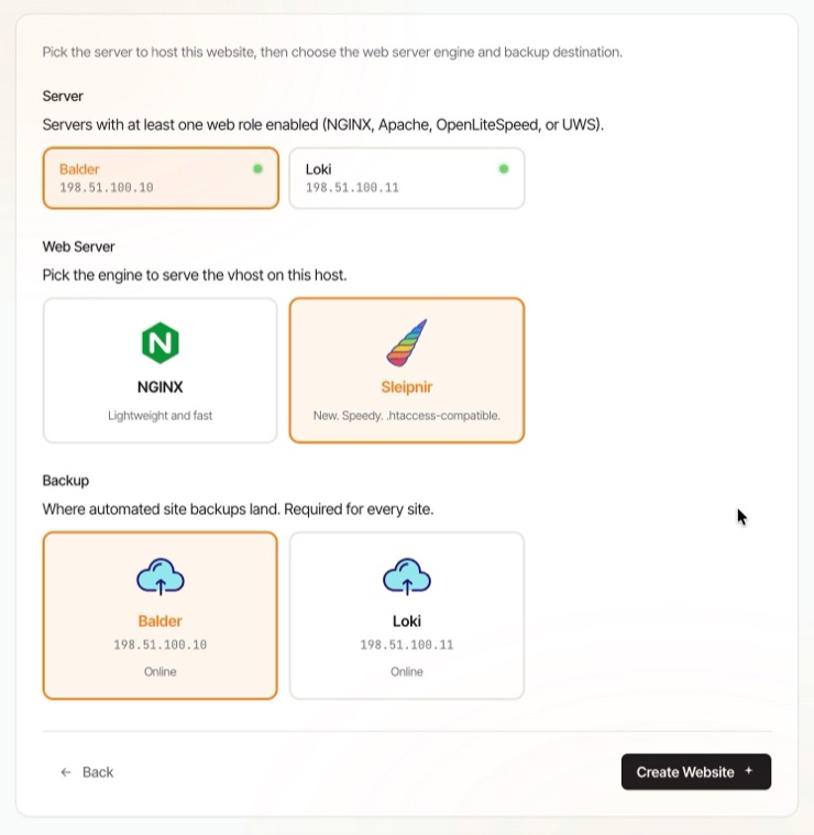 A later step of the create wizard: the server the site lands on, the web server that serves it, and where its backups go
