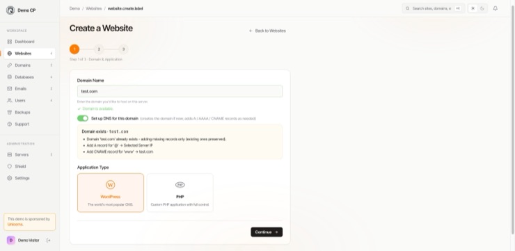 The first step of the create wizard: the application type, and the domain checked as you type with the DNS records it will add