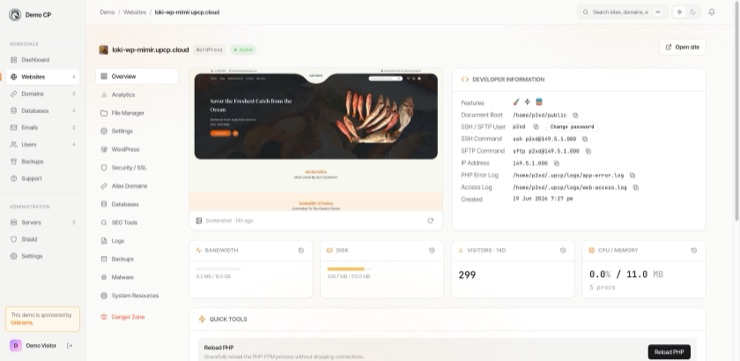 The Manage page for a website on its Overview tab: a live screenshot of the site, the developer information including document root and SSH and SFTP details, the bandwidth, disk, visitor and CPU figures, and Quick Tools below them