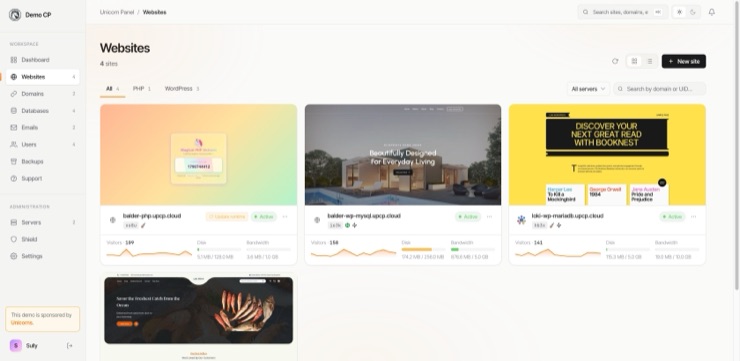 The Websites page in card view: every site with a preview, its status, and live visitor, disk and bandwidth figures