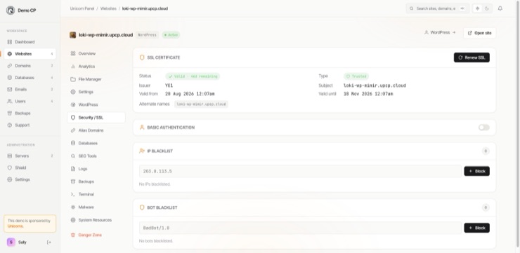 The Security / SSL tab for a site: the certificate with its issuer, subject and validity dates, the Basic Authentication toggle, and the IP and bot blacklists
