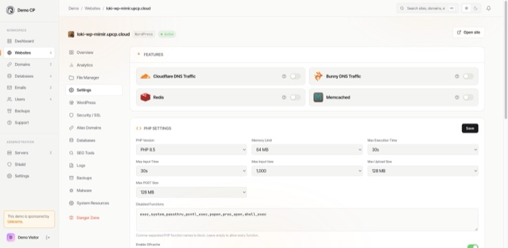 The Settings tab for a website: the Features card with its Cloudflare and Bunny DNS traffic, Redis and Memcached toggles, and the PHP Settings card below it with the version, limits, disabled functions and OPcache