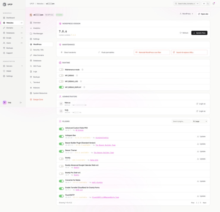 The WordPress tab for a site: the core version with an update waiting, the maintenance and runtime tools, the site’s administrators, and every plugin with its own update