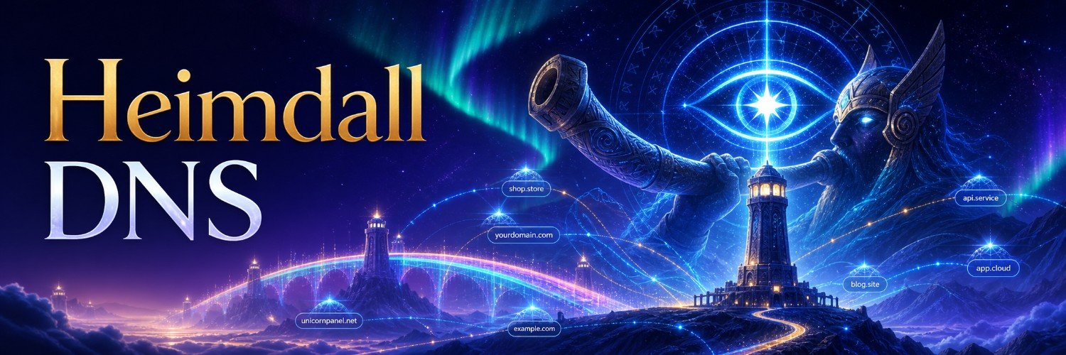 Heimdall DNS: the Norse watchman guarding every query that crosses your edge, with domains travelling the Bifrost bridge.