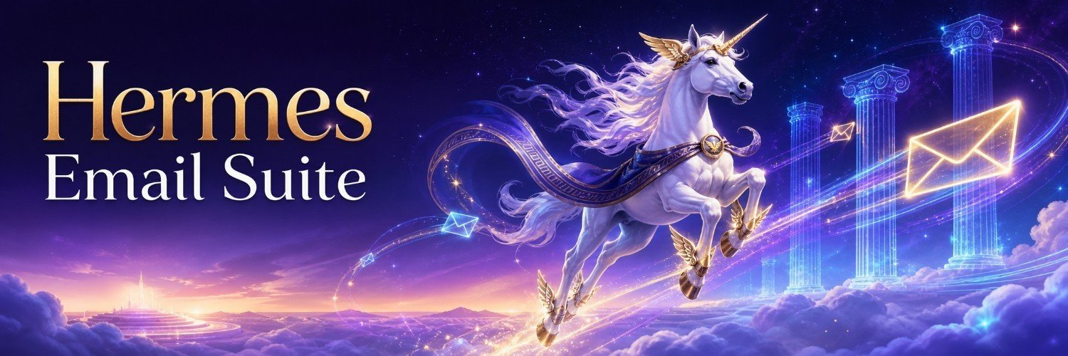 Hermes Mail Suite: a winged unicorn carrying mail past Greek columns, a nod to Hermes the messenger god of fast, reliable delivery.