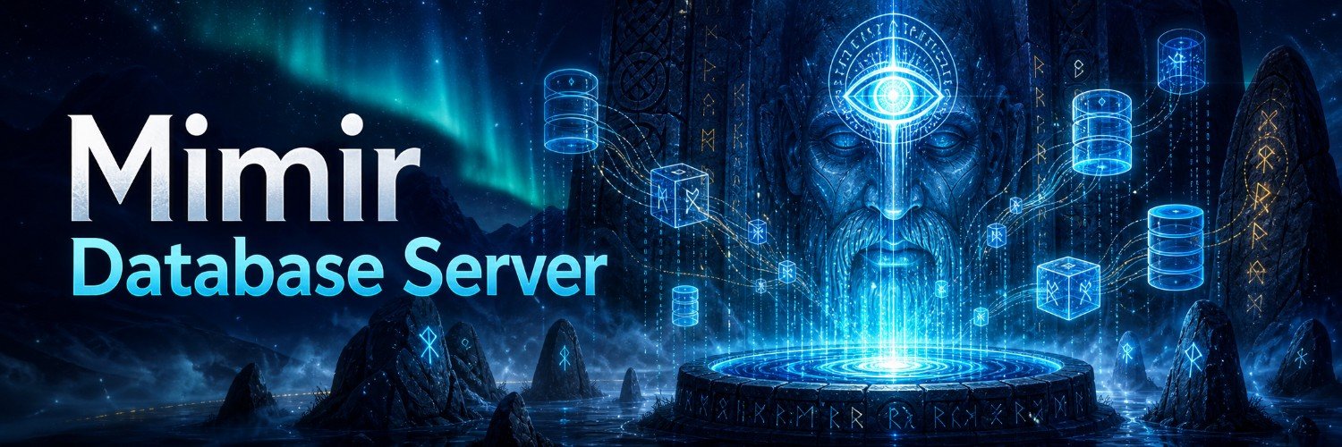 Mimir Database Server: the all-seeing Norse keeper of wisdom amid runes and glowing database cylinders under an aurora sky.
