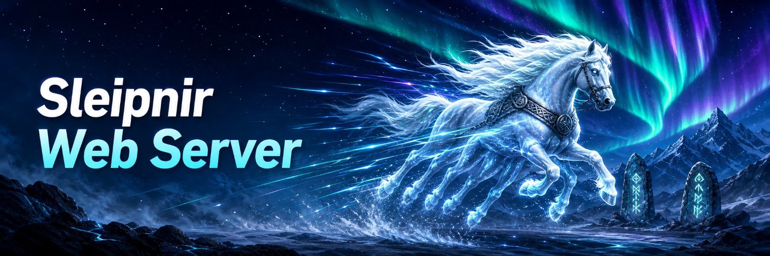 Sleipnir Web Server: Odin's eight-legged horse galloping across a Norse night sky of aurora and runes, the fastest steed across the nine realms.